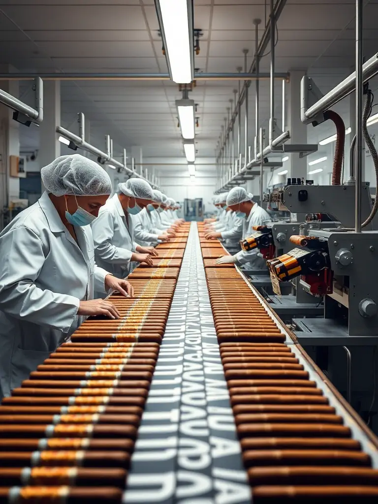 A professional photo of cigars being manufactured in a modern, clean facility, emphasizing the quality and care in the production process.