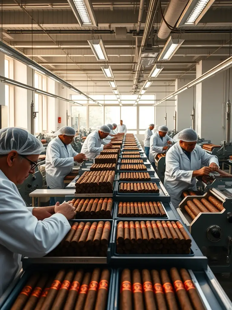 A high-quality image of cigars being expertly rolled in a modern, clean manufacturing facility, highlighting the precision and care taken in the production process.