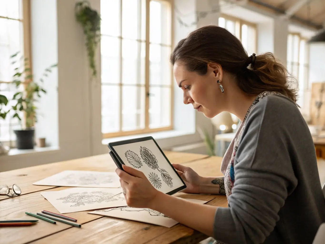 A photograph of a person using a tablet, reviewing cigar band designs with a satisfied expression, showcasing the ease of design selection on the Cloud Cigar platform.