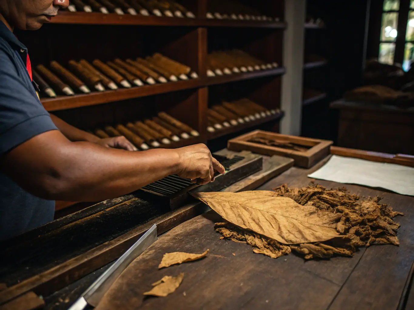 A photograph of cigars being expertly crafted in a high-quality manufacturing facility, emphasizing the quality and care taken in the production process.