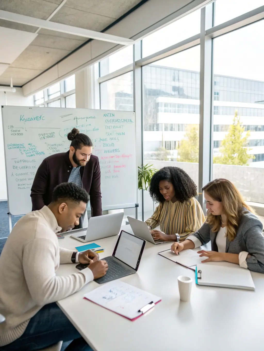 A close-up shot of a branding meeting, showcasing diverse team members brainstorming logo ideas and brand messaging for a new cigar line, emphasizing the collaborative and creative process.