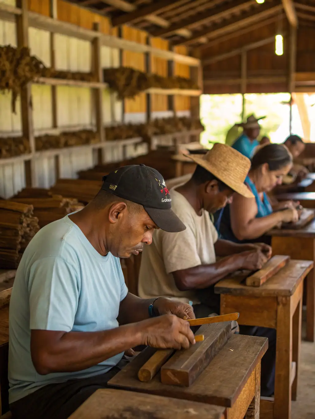 A photograph showcasing a state-of-the-art cigar factory with skilled artisans hand-rolling cigars, emphasizing the quality and craftsmanship involved in the manufacturing process.